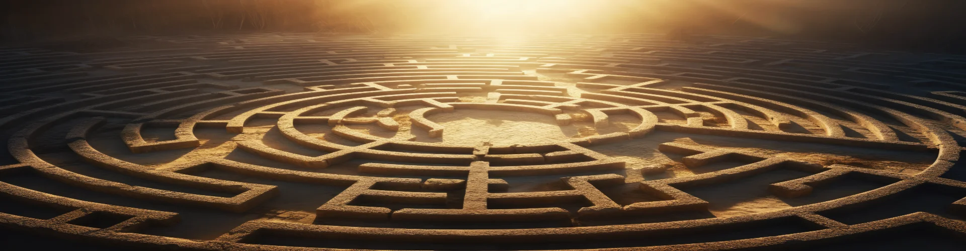 Labyrinthe en pierre, vu de dessus et illuminé par un soleil couchant